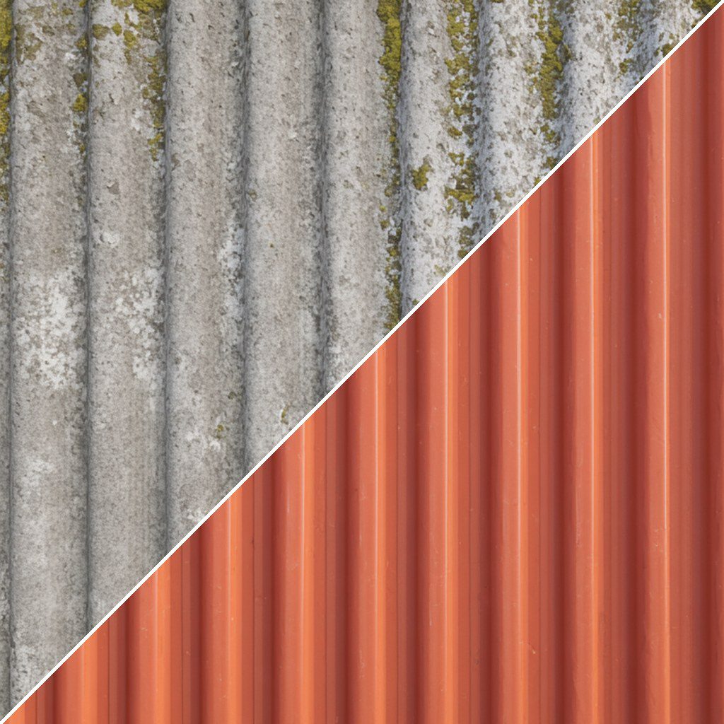 Asbest-Dachsanierung: altes graues Welleternit-Wellplattendach links, neues anthrazitfarbenes Metalldach rechts