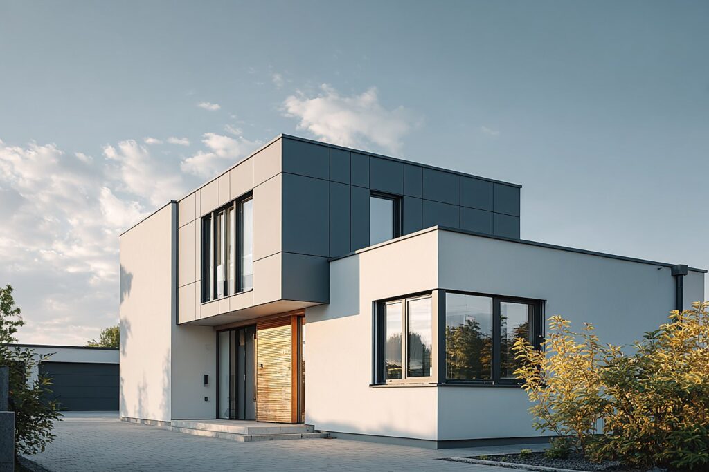 Modernes Einfamilienhaus mit anthrazitfarbener HPL-Fassade und weißem Putz